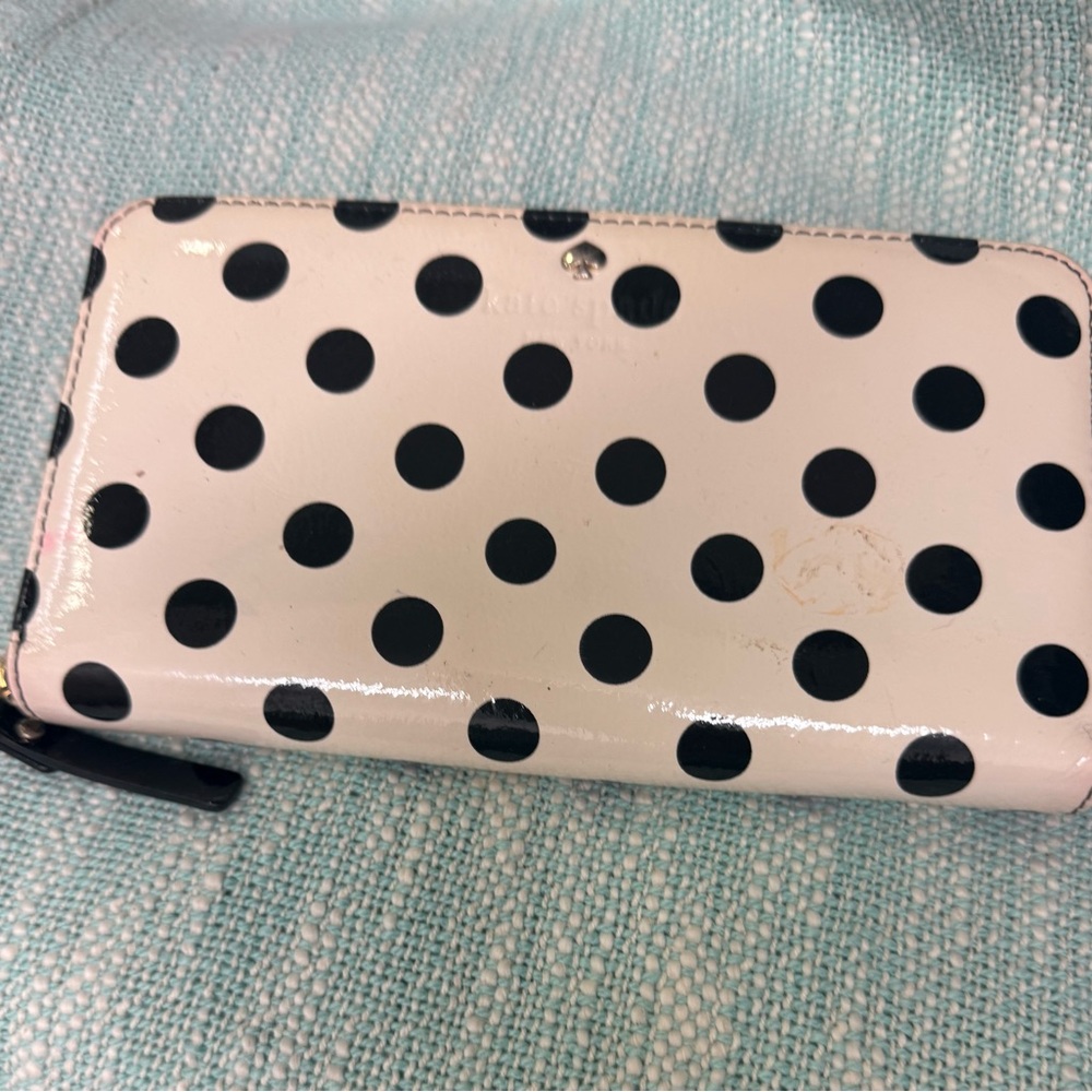 kate spade Pink and Black Polka Dot Patent Zip Wallet